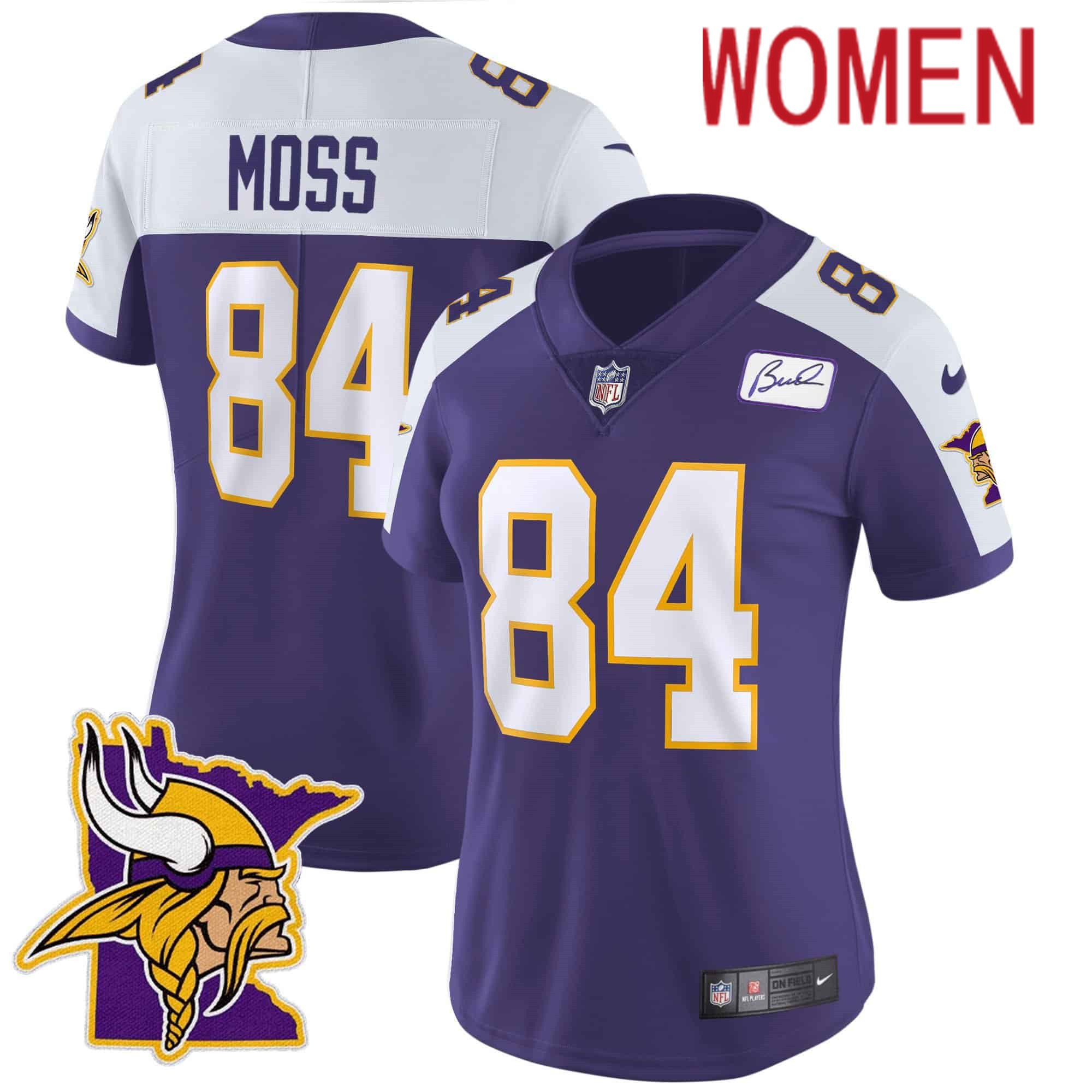 Women Minnesota Vikings 84 Moss Purple 2024 Nike Patch Classic Limited NFL Jersey